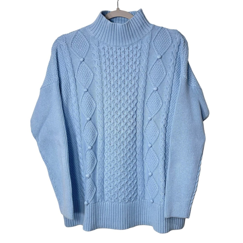 J.Crew Women's Light Blue Cotton Cable Knit Mock Neck Pullover Sweater Size M